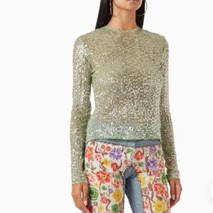 SIEDRES Sequin Top Light Green Desta Crystal Crew Neck Long Sleeve Sz 34